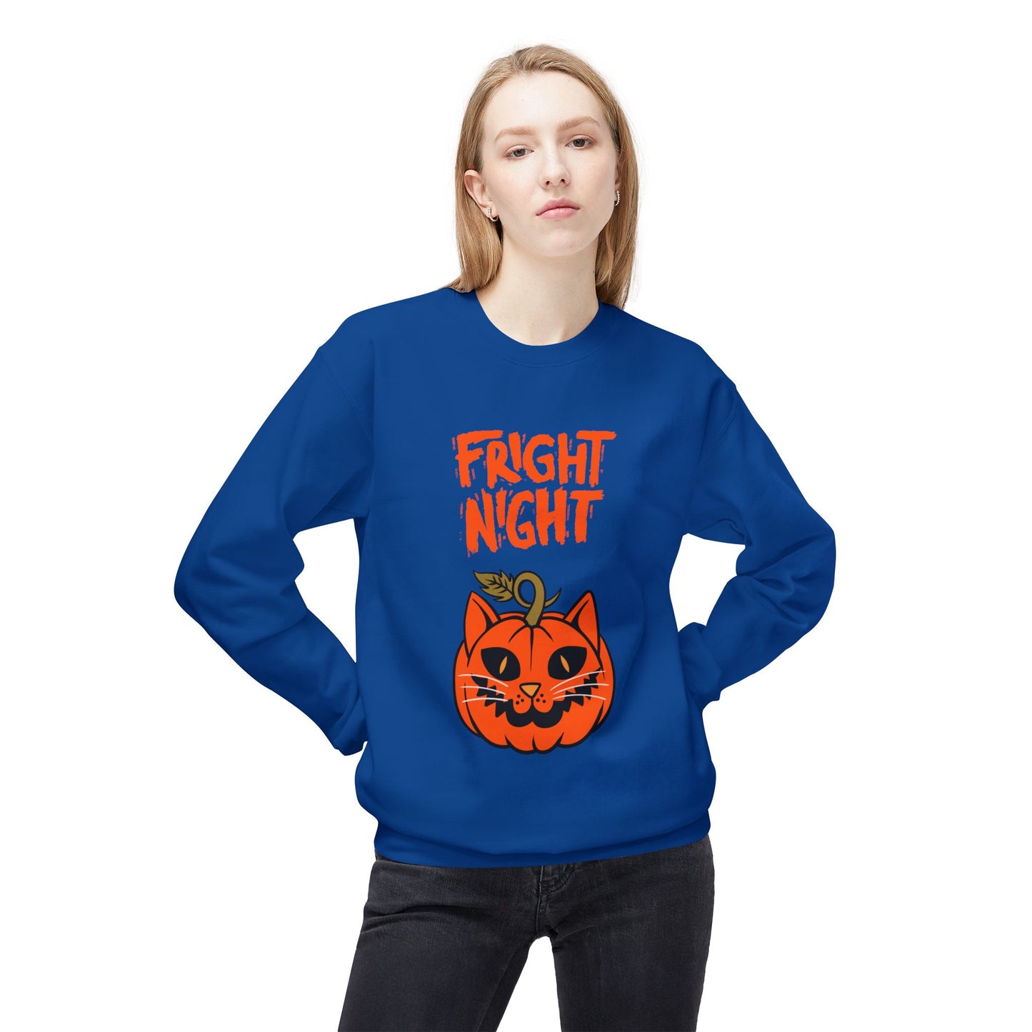 Halloween Cat & Scarecrow Unisex Fleece Crewneck Sweatshirt - Fright Night Design