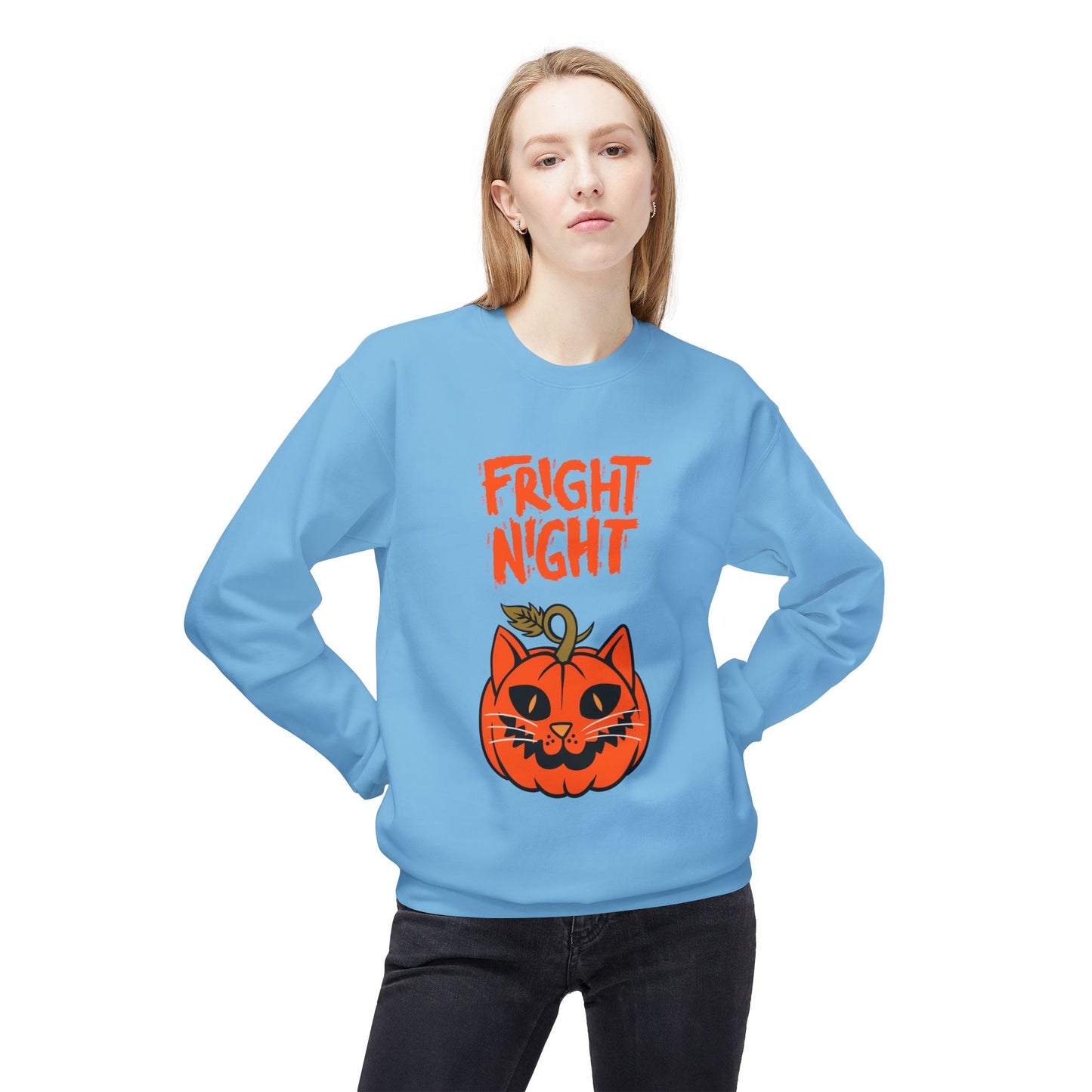 Halloween Cat & Scarecrow Unisex Fleece Crewneck Sweatshirt - Fright Night Design