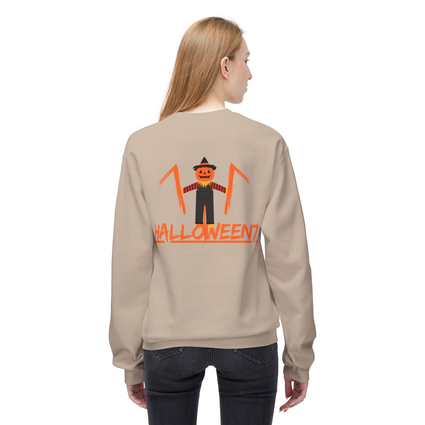 Halloween Cat & Scarecrow Unisex Fleece Crewneck Sweatshirt - Fright Night Design