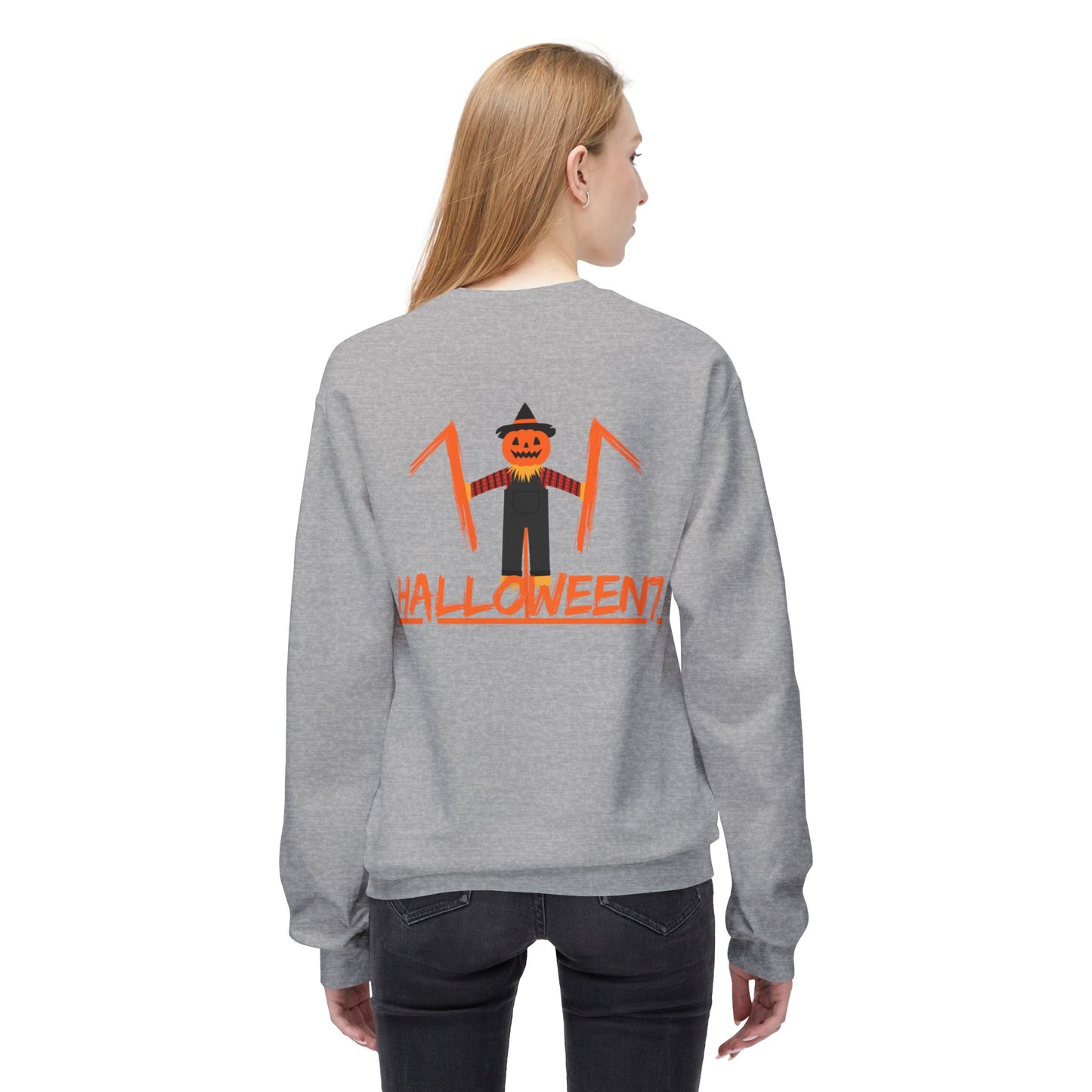 Halloween Cat & Scarecrow Unisex Fleece Crewneck Sweatshirt - Fright Night Design