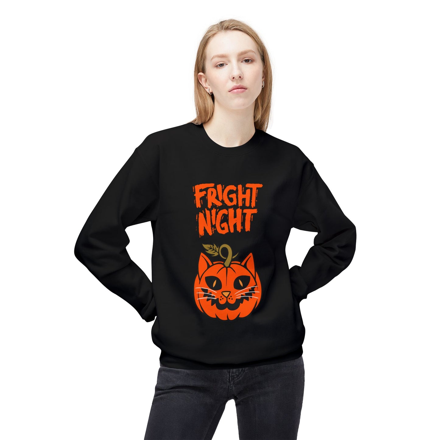 Halloween Cat & Scarecrow Unisex Fleece Crewneck Sweatshirt - Fright Night Design