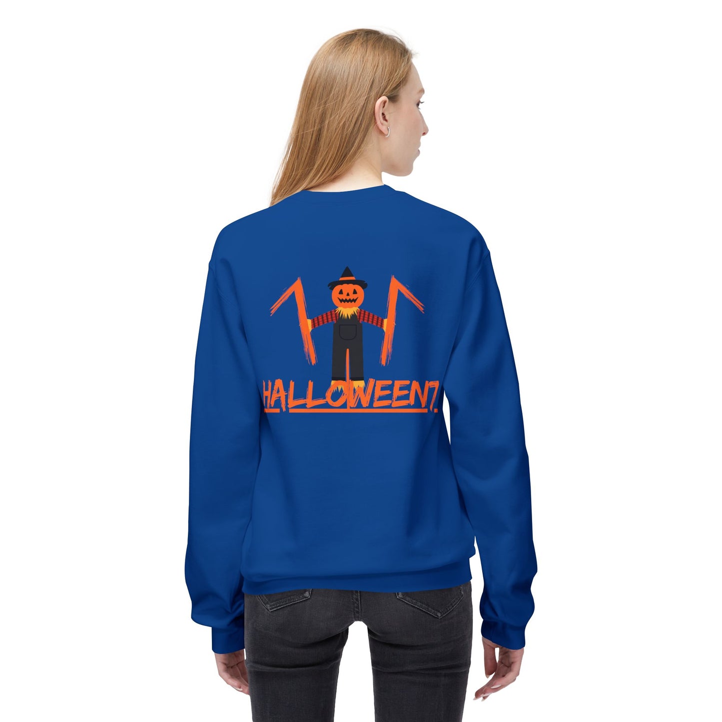 Halloween Cat & Scarecrow Unisex Fleece Crewneck Sweatshirt - Fright Night Design