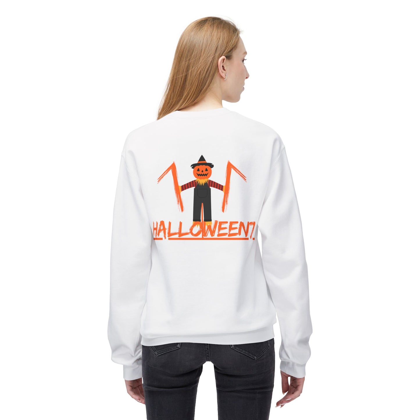 Halloween Cat & Scarecrow Unisex Fleece Crewneck Sweatshirt - Fright Night Design