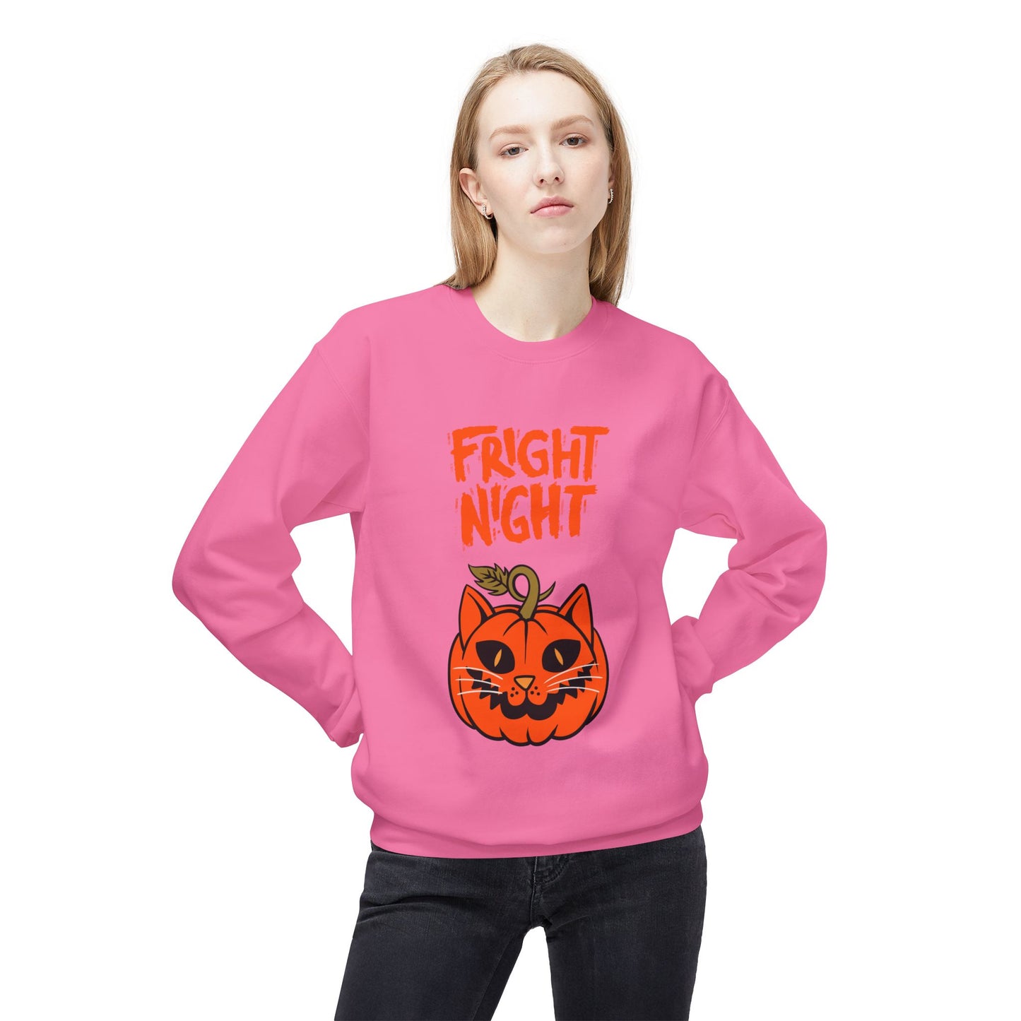 Halloween Cat & Scarecrow Unisex Fleece Crewneck Sweatshirt - Fright Night Design