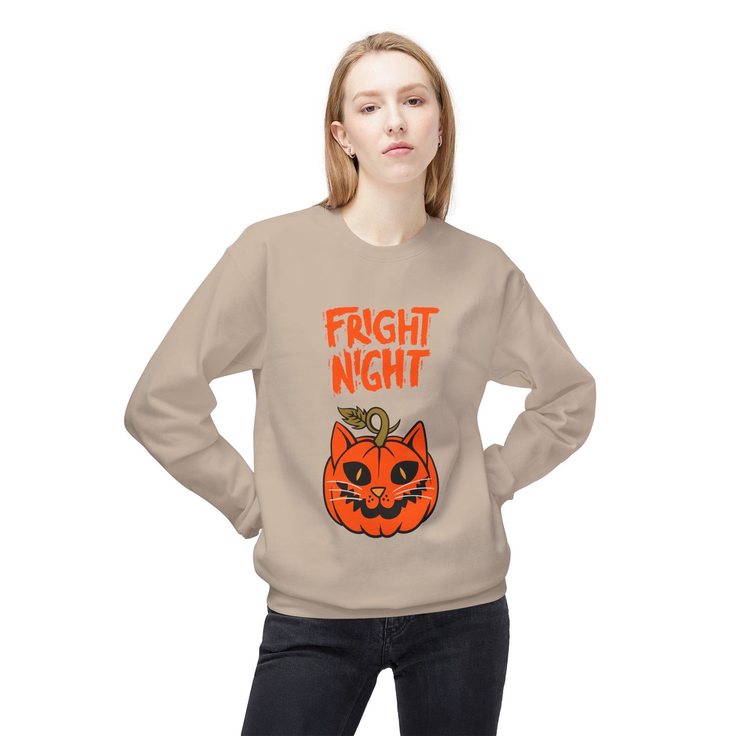 Halloween Cat & Scarecrow Unisex Fleece Crewneck Sweatshirt - Fright Night Design