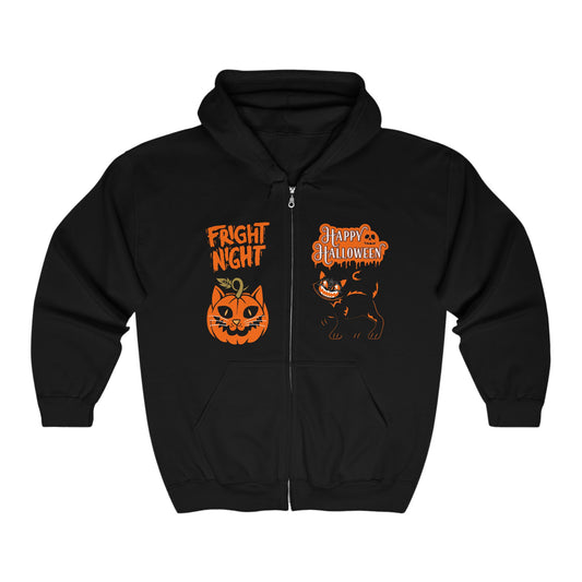 Halloween Cat Full Zip Hooded Sweatshirt - Fright Night Design