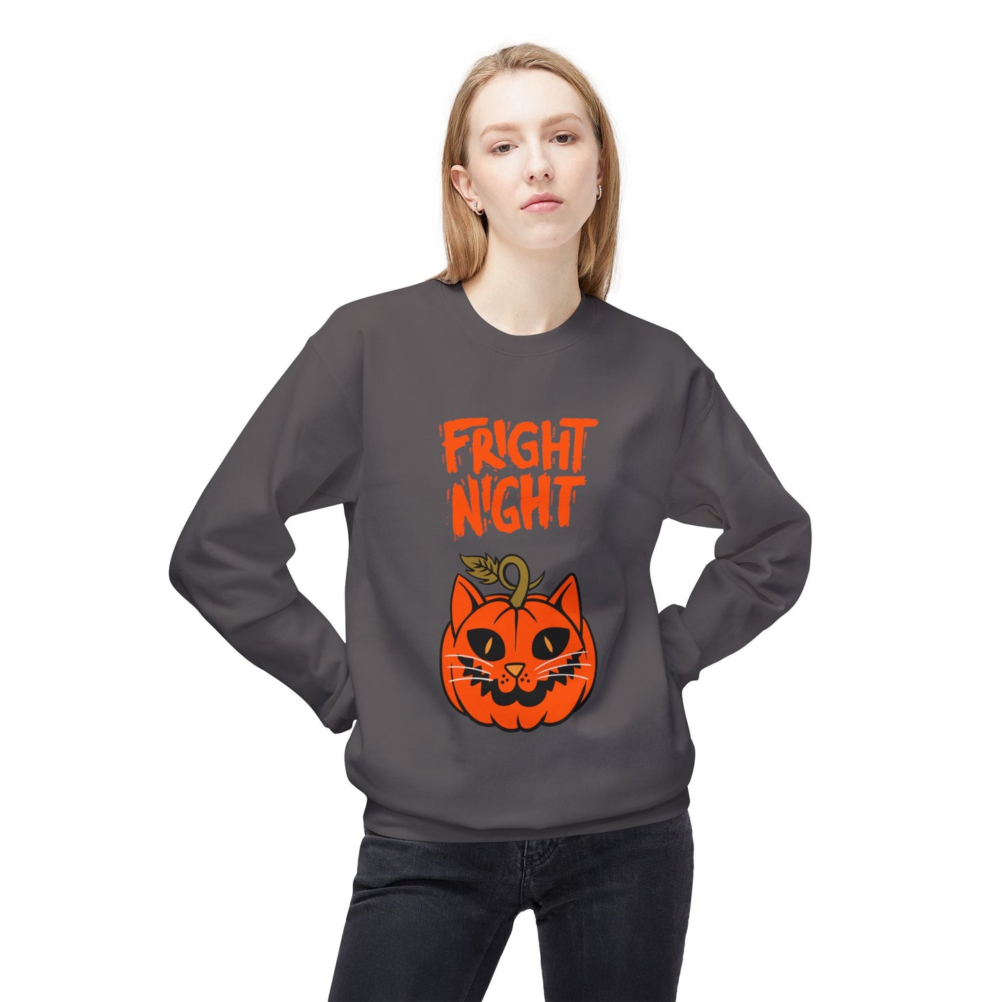 Halloween Cat & Scarecrow Unisex Fleece Crewneck Sweatshirt - Fright Night Design