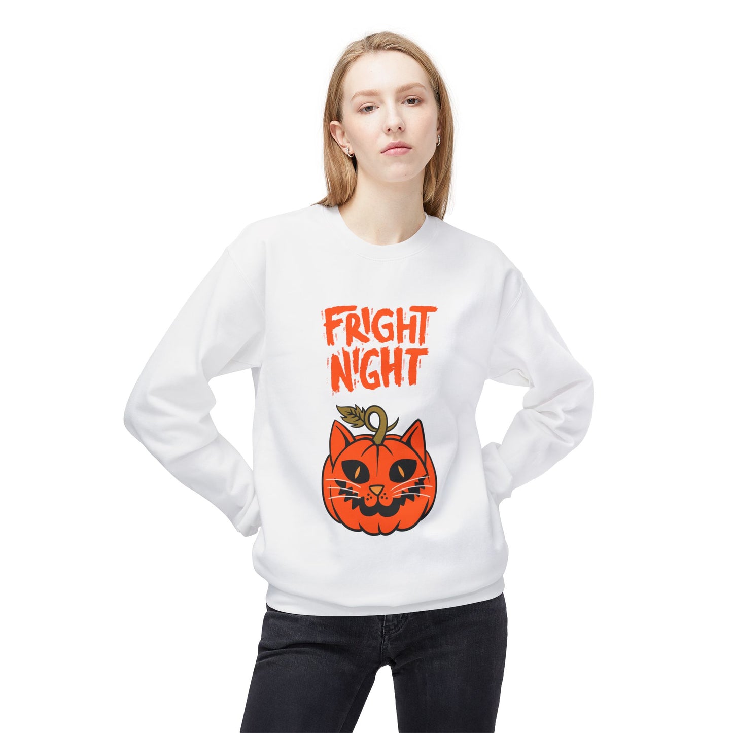 Halloween Cat & Scarecrow Unisex Fleece Crewneck Sweatshirt - Fright Night Design