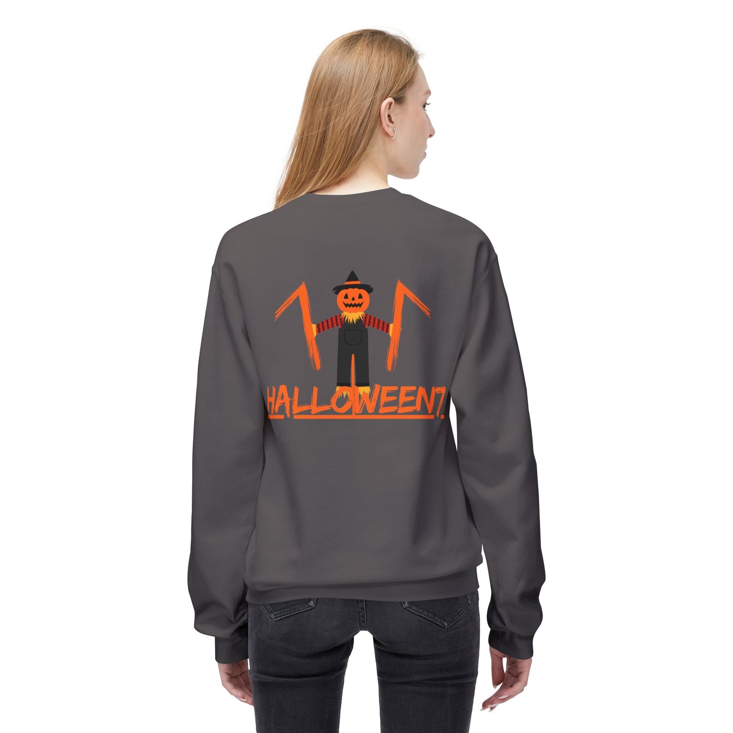 Halloween Cat & Scarecrow Unisex Fleece Crewneck Sweatshirt - Fright Night Design