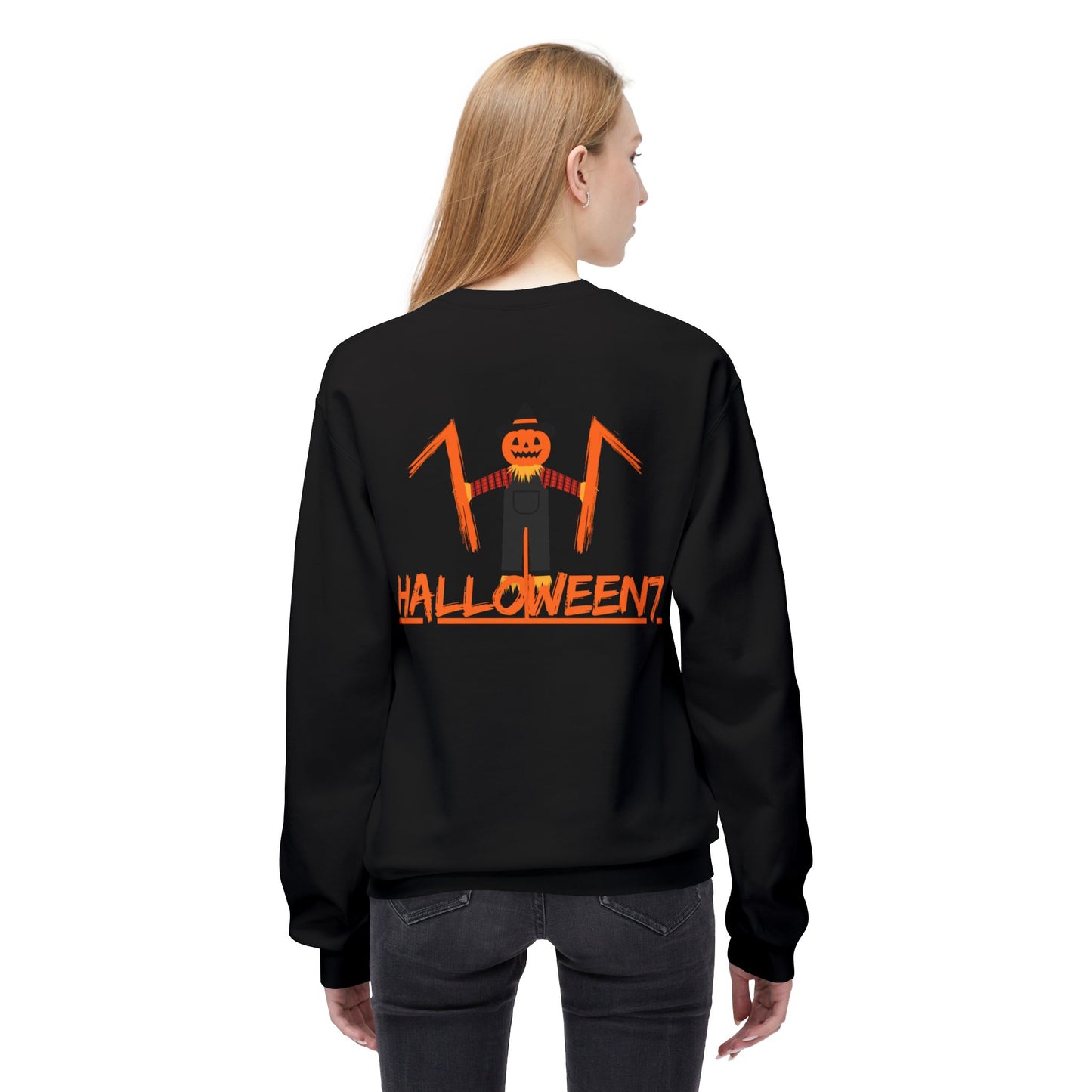 Halloween Cat & Scarecrow Unisex Fleece Crewneck Sweatshirt - Fright Night Design